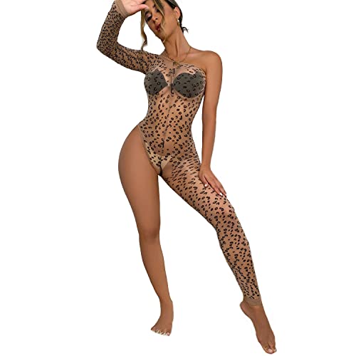 Women Lingerie Fishnet Babydoll Sexy Stockings Stretch Halter Chemise Women Sexy Fishnet Lingerie Bodysuit Sexy Set (Brown Leopard) #TOP6