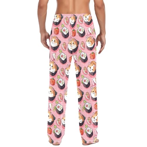 Men's Sushi Kawaii Pattern Pajama Pants with Pockets - Straight Fit Cotton Sleep Bottoms for Lounge & Nightwear#9463