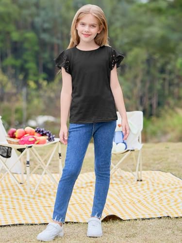 Image of Imily Bela Girls Ruffle Sleeve Shirts Crewneck Eyelet Tops 4-15 Years | Cute summer casual blouse, Soft breathable eyelet fabric with ruffle sleeves, Comfortable daily shirts for kids