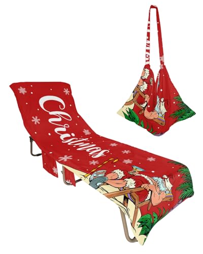 Red Christmas Santa Beach Lounge Chair Towel Cover, Soft Chaise Lounge Towel with Side Pockets Patio Pool Chairs Cover for Beach/Pool Sunbathing 29x85 Xmas Coastal Beach Winter Snowflake