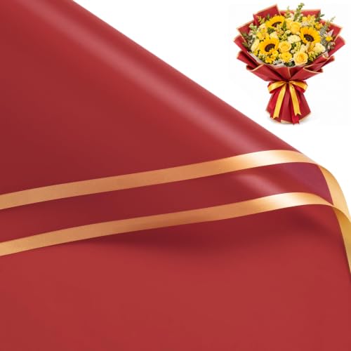RUSPEPA 20 Sheet Red Flower Wrapping Paper, Red with Gold Edge Bouquet Wrap