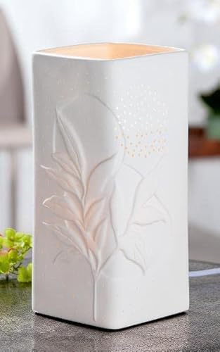 Preisvergleich Produktbild GILDE Porzellan Tischlampe - rechteckige Lampe Standlampe mit Lochmuster - Deko Wohnzimmer - Geschenk für Frauen - Farbe: weiss mit Blätter Muster - Höhe 28 cm