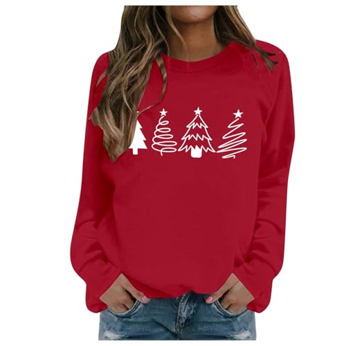 Generisch Moderna sudadera de manga larga sin hombros con diseño festivo de árbol de Navidad para, rojo, XL