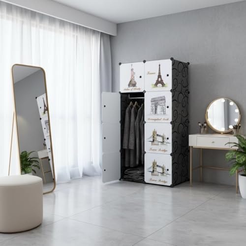 Image of KRISHYAM Kids Modular Storage Cabinet with Travel Landmark Design Doors, 8 Cube Plastic Wardrobe Organizer, DIY Closet System with Hanging Rod, Toy & Clothes Storage (Tower Print, 8 Box)