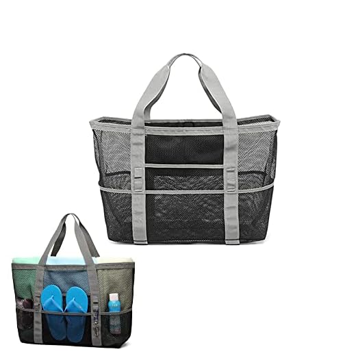 YUEMING Bolsa Grande de Malla de Playa con Cremallera y 9 Bolsillos, Bolsos Totes para Mujeres Bolsa Plegable de Compras, Shopping Bags para Natación Camping Compras Vacaciones Familiares (gris)