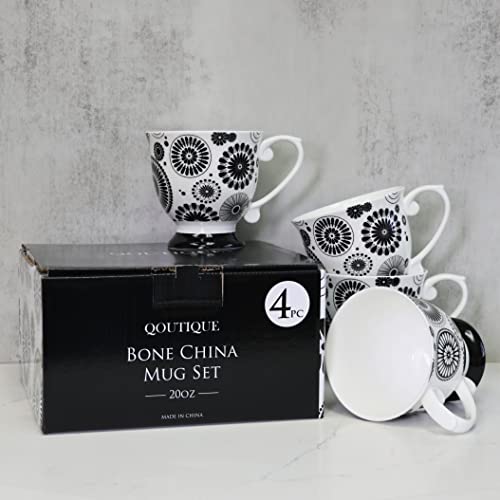 Qoutique Bone China Decorated Coffee Mugs - 20 Ounce - Set Of 4, Cups For Latte, Hot Tea, Cappuccino, Mocha, Cocoa, Mug Set, Large Coffee Mug, Black #TOP2