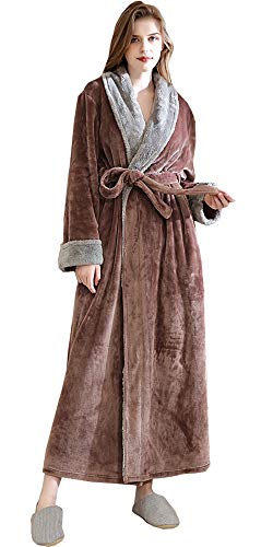 Women's Plush Fleece Robe Long Lounge Bathrobe Warm Soild Full Length Housecoats Coffee