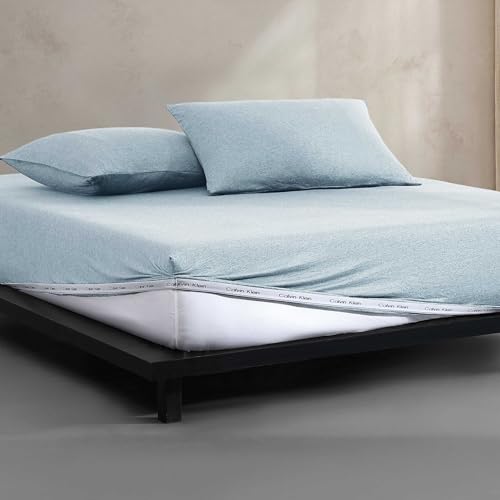 Calvin Klein - King Size Sheets Set, Naturally Soft Cotton-Blend Melange Jersey Bedding - Bed Sheets with Matching Pillowcases & Fitted Sheet (Modern Cotton Aqua)