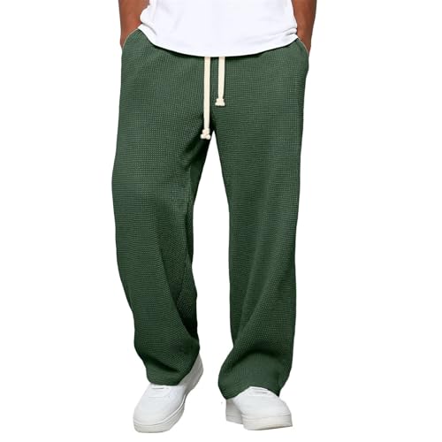 CRNTCEM Baggy Waffle Texture Pants Men Wide Leg Hippie Lounge Sweatpants Drawstring Waist Solid Athletic Jogger Trousers