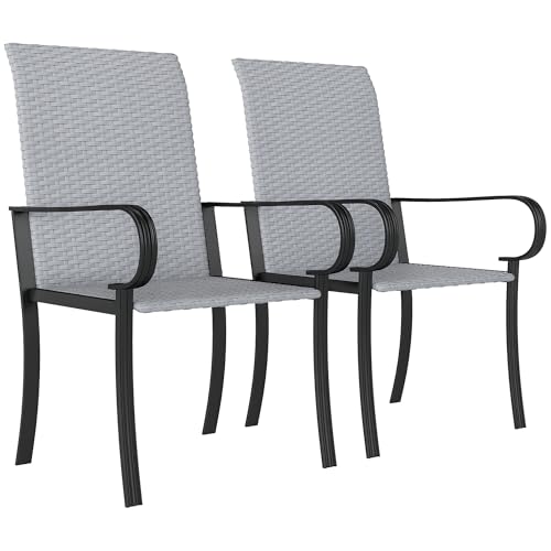 Outsunny Set of 2 Outdoor Wicker Dining Chairs, All-Weather Rattan Armchairs with Armrests, Steel Frame, High Back and Deep Seating, for Garden, Patio, Deck, Yard, Poolside, Gray