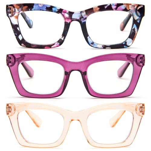 REAVEE 3 Pack Reading Glasses for Women Blue Light Blocking, Cute Oversized Square Computer Readers with Spring Hinge, Flower Rose Tea 1.5
