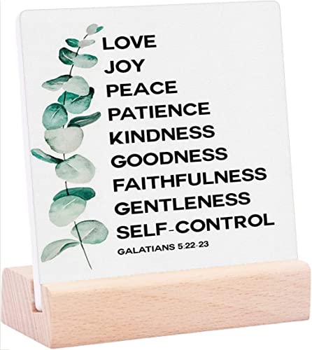 Letrero decorativo con texto en inglés 'Love, Joy, Peace', regalo cristiano, versículo de la Biblia, versículo de la Biblia, letrero de mesa de fruta del espíritu, placa de cerámica con soporte de