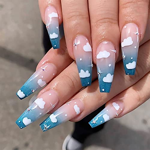 24 Pcs Coffin Press on Nails Long, Sunjasmine Fake Nails Glue on Nails, Glossy False Nails with Glue, Acrylic Nails for Women and Girls (Blue Cloud)