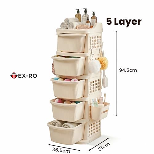 Image of TEX-RO 5 Layer Plastic Drawer Cabinet with Wheels & Side Hooks | Stackable Storage Trolley Organiser for Kitchen, Bedroom, Bathroom,Kids | Multipurpose Drawers Organisers Rack with Basket - Ivory