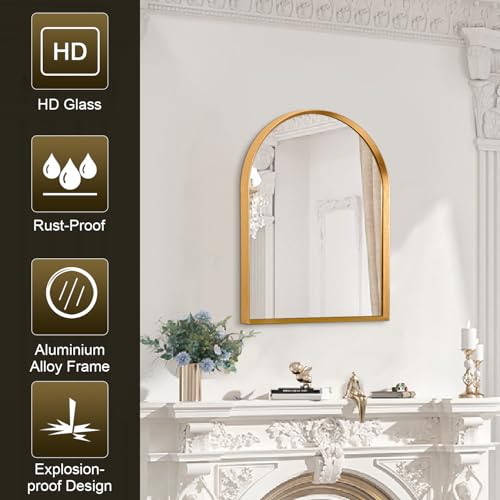 Image of Gold Arched Mirror, Modern Bathroom Wall Mirror Aluminum Alloy Framed Mirror Brushed Metal Vanity Wall Mounted Mirrors for Livingroom Bedroom Entryway Room 16 inchx12 inch