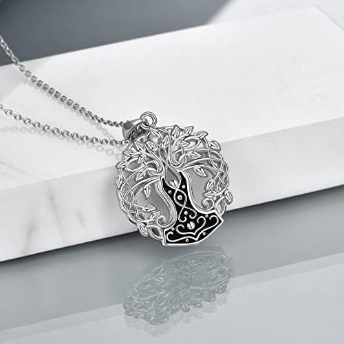 YAFEINI Thor Hammer Tree of Life Necklace for Men Women 925 Sterling Silver Norse Viking Jewellery