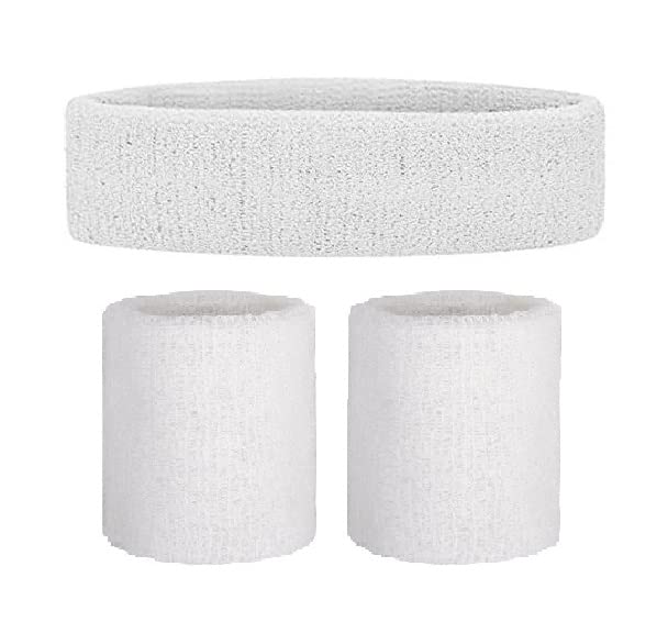 CARE N TOUCH Gym Wristband & Headband Combo for Men and Women - Sports Wristband & Headband for Workout & Running, Breathable, Non-Slip Sweat Head Bands for Long Hair (White)
