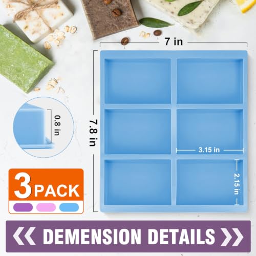 Image of Silicone Soap Molds Set of 3, 6 Cavities Rectangle Silicone Soap Molds for Homemade Craft Soap Mold, Cake Mold, Chocolate Mold & Ice Cube Tray(Blue & Purple & Pink)