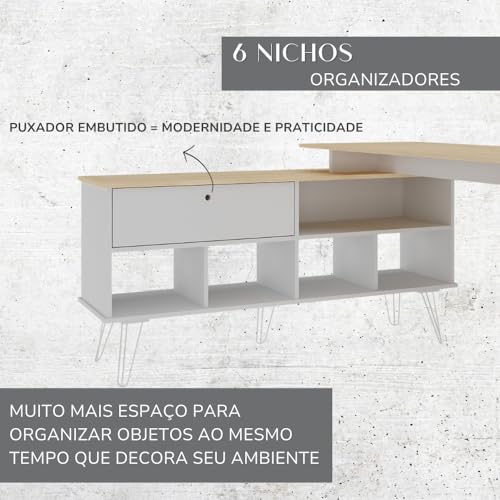 Escrivaninha em L Industrial para Home Office com Nichos e Pés de Metal Dubai Artany