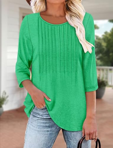 KISSMODA Tunic Tops for Women Loose Fit Dressy Round Neck Pleated 3/4 Length Sleeve Spring Tops