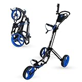 Qwik-Fold 3-Wheel Golf Push Cart with Foot Brake – 1-Second Fold & Unfold Trolley, Lightweight Aluminum Frame, Adjustable Handle, Smooth Ball-Bearing Wheels, Umbrella Holder & Storage - Black/Blue