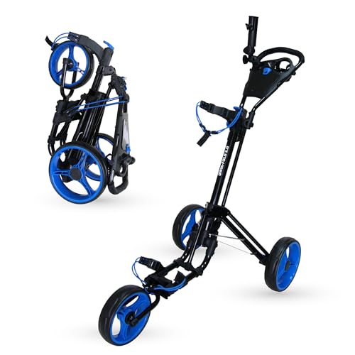 Qwik-Fold 3-Wheel Golf Push Cart with Foot Brake – 1-Second Fold & Unfold Trolley, Lightweight Aluminum Frame, Adjustable Handle, Smooth Ball-Bearing Wheels, Umbrella Holder & Storage - Black/Blue
