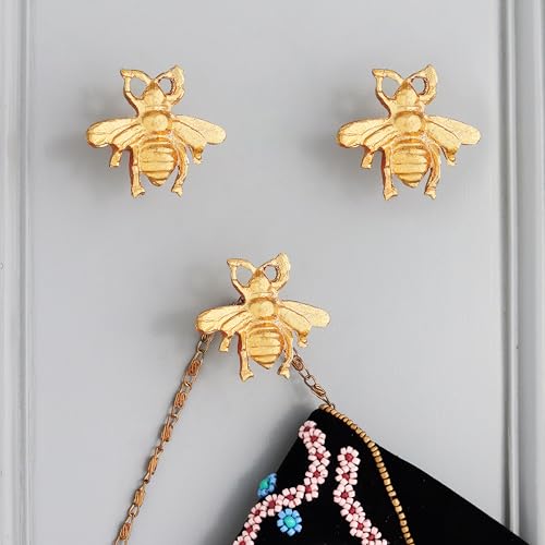 Image of Indian Shelf 3 Pieces Bee Decorative Wall Hooks Gold Bumble Bee Vintage Coat Hooks for Hanging Things, Towels, Purse, Bags, Backpack