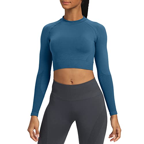 Aoxjox Langärmeliges bauchfreies T-Shirt für Damen, Carbon, nahtlos, hoher Ausschnitt, Workout, bauchfreies T-Shirt, atlantic blue, Groß Cover