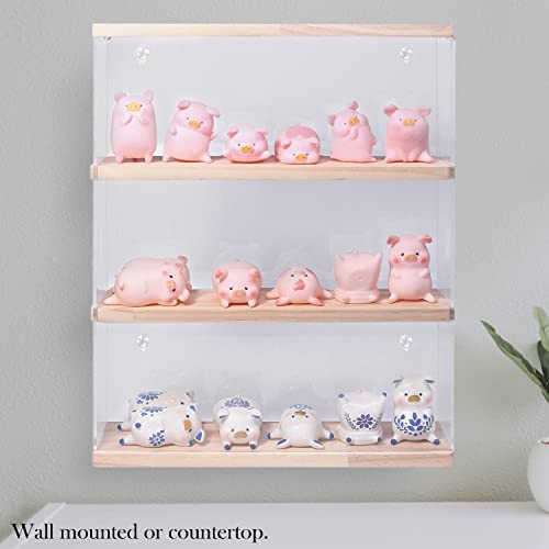 Choowin 3-Layer Clear Acrylic Display Case With Door,Wall-Mounted Display Shelf For Funko Pop,Countertop Display Case For Collectible Action Figure,Dustproof Storage Organizer 11.6X3.3X14.9 Inch Oak #TOP3