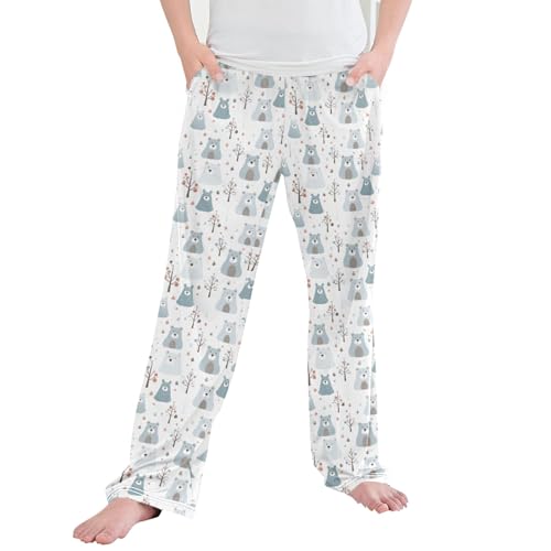 Woodland Cute Bear Long Pajama Pants Elastic Waist PJ Bottoms with Pockets S A112960