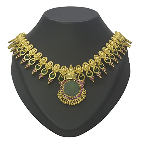 Image of KOLLAM SUPREME ETHNIC GANESHA LAKSHMI RUBY STUDDED GREEN ENAMEL NECKLACE FOR WOMEN