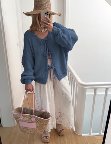 Image of SKIKYAN Women Bowtie Oversized Knit Sweater Cardigan Y2K Long Sleeve V Neck Open Front Casual Knitwears