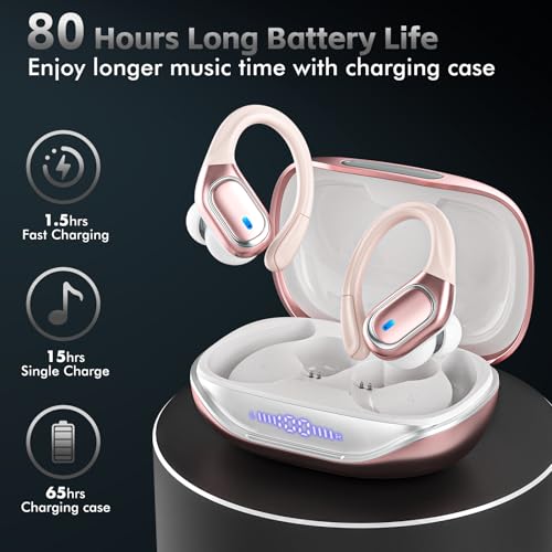 Image of HAOYUYAN Wireless Earbuds Bluetooth 5.3 Headphones with 80H Playback, IPX7 Waterproof Over Ear Buds with LED Power Display for Sports Running Workouts（Champagne Gold）
