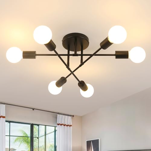 DELIPOP Deckenleuchte Modern Kronleuchter, 6-flammige E27 Deckenlampe Industrie, 180° Drehbarer Retro Deckenleuchte Schwarz für Esszimmer Küche Wohnzimmer Bar Restaurant