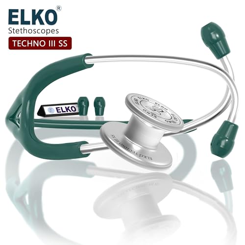 Image of ELKO TECHNO III SS Stainless Steel Stethoscope with ENGRAVING | Engrave Your Name or Initials on the Chest Piece | Lightweight Double-Sided Stainless Steel Chest piece | Two-Way PVC Tubing | Ideal for Doctors & Medical Students (Green)