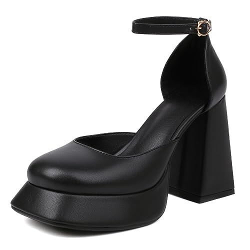 Sandales à talon carré haut Lizoleor avec plateforme et bout rond noir pour femme