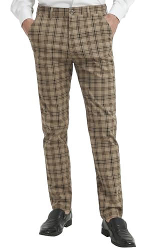 Yukirtiq Pantalones de Cuardos para Hombres Slim Twill Skinny Chino Pantalones Casuales a Cuadros con Bolsillos, Caqui, W36