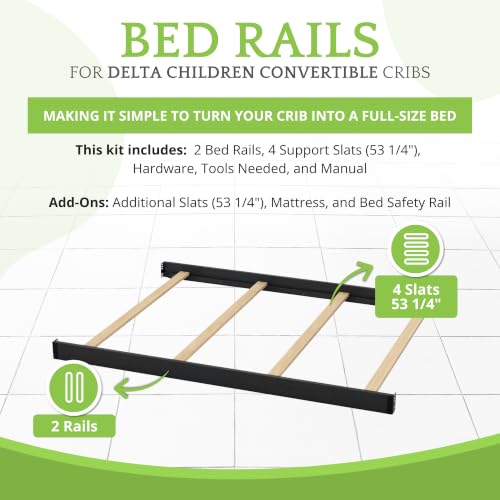 Image of Full-Size Conversion Kit Bed Rails Compatible with Delta Children Convertible Cribs - Solid Wood Rail #0050 - Toddler and Adult Bed Rail for Full-Size Beds - Baby Furniture (Ebony - 0011)