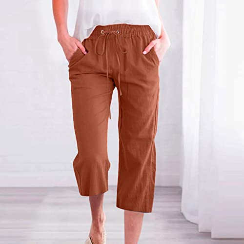 Capri Pants for Women Casual 2025 Summer Drawstring Elastic High Waist Linen Pant Straight Wide Leg Cropped Trouser4