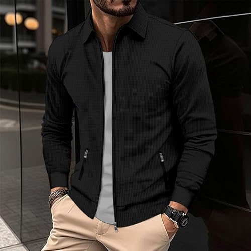 Mens Jacket Waffle Knit Spring Fall Lapel Silm-Fit Zip Up Trendy Jackets - image 2