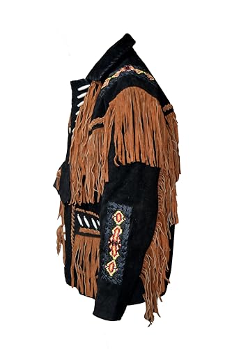 Mens Traditional Western Jacket | Black Native American Cowboy Style | Suede Leather With Fringes Beads Bones3