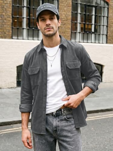 Image of Urbano Fashion Men's Corduroy Full Sleeve Regular Fit Solid Overshirt with Utility Pockets