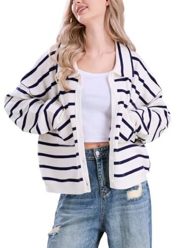 chouyatou Women's Button Down Striped Cardigan Sweater Polo Collar Open Front Knit Jacket 2024 Fall Outfits