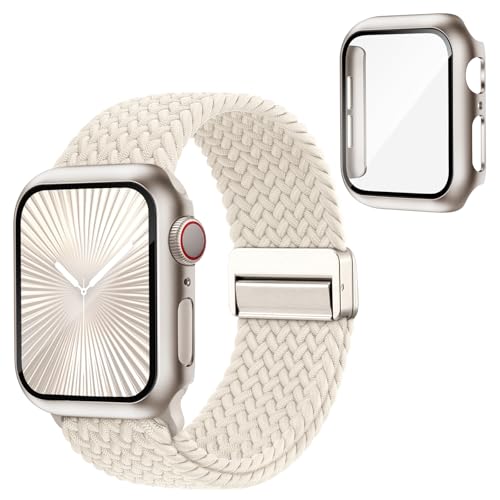 コンパチブル Apple Watch バンド ナイロン 編み込み 伸縮性 アップルウォッチ バンド マグネット 磁気 保護カバー付き互換用のApple Watch ベルトとケース 一体型 耐衝撃 全面保護 Series 11 10 9 8 7 6 5 4