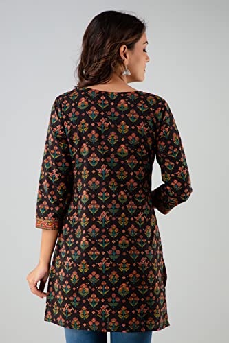 Image of Rapsodia Women Cotton Black Floral Printed Short Kurti, Jaipuri Gold Printed Tunic for Girls and Women's