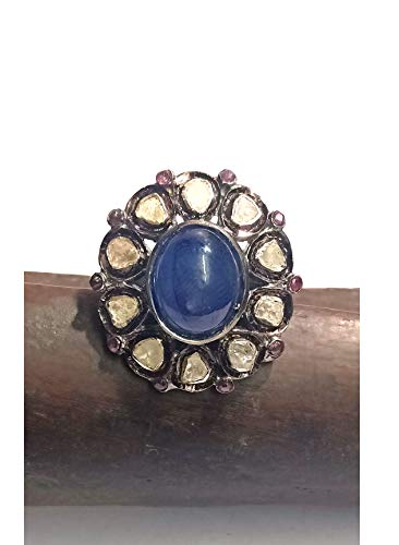 Natural Blue Sapphire Gems Ring Beautiful Pave Diamond Ring 925 Silver Ring Polki Diamond Ring Love Gift