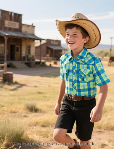 Image of COSLAND Boy's Toddler Cotton Western Short Sleeve Button Down Plaid Shirt, 4-14 Years