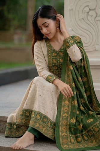 Image of ANNI Designer Kurta Sets for Women Viscose Printed | Kurta Pant Dupatta Set | A-Line Kurti Set for Women | Round Neck 3 /4 Sleeve Ethnic Suit | Designer Indian Kurti Outfit with Pants