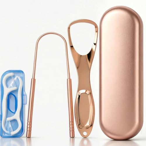 2-Pack Tongue Scraper for Adults Stainless Steel, Metal Tongue Cleaner & Scraper Kit with Travel Case & FREE Dental Floss – Dual Design for Effective Tongue Cleaning, Rose Gold