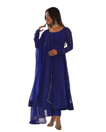 Women's Georgette Anarkali Gown with Dupatta Set | Festive | Traditional | Wedding (IN, Alpha, L, Regular, BLUE)-image-36